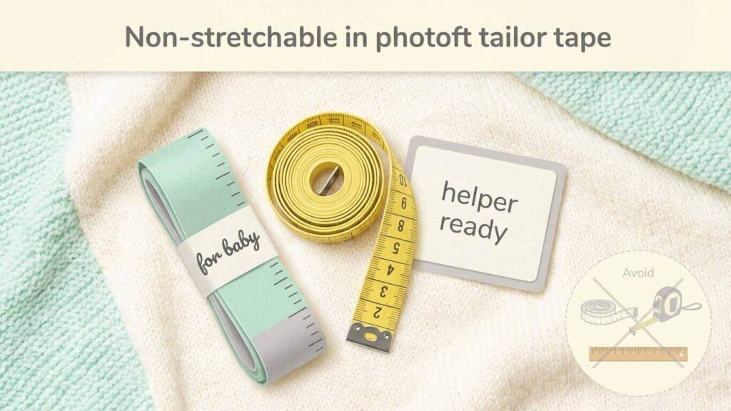 Flat-lay of measuring tools for baby head circumference: flexible tailor’s tape, paper/cloth tape, and a “helper ready” note, with crossed-out icons for stretchy tape, metal tape, and rigid ruler on a pastel nursery background.