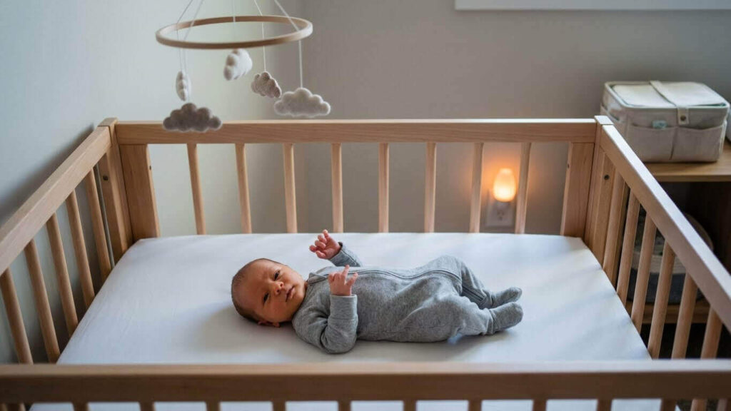 Newborn quietly alert in crib, safe sleep setup with firm mattress and fitted sheet.