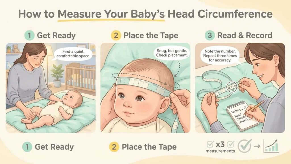 Three-panel illustration showing how to measure a baby’s head circumference: Step 1 lay baby calmly with good lighting, Step 2 place tape above eyebrows, over ears, around widest back of head, Step 3 read to 0.1 cm and record the largest of three measurements.