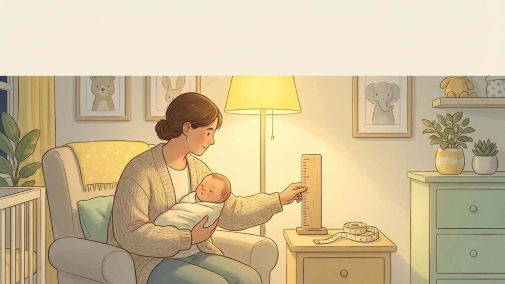Parent holding a sleepy newborn in a warm nursery, with a growth chart and soft measuring tape to illustrate tracking head circumference, height, and weight.
