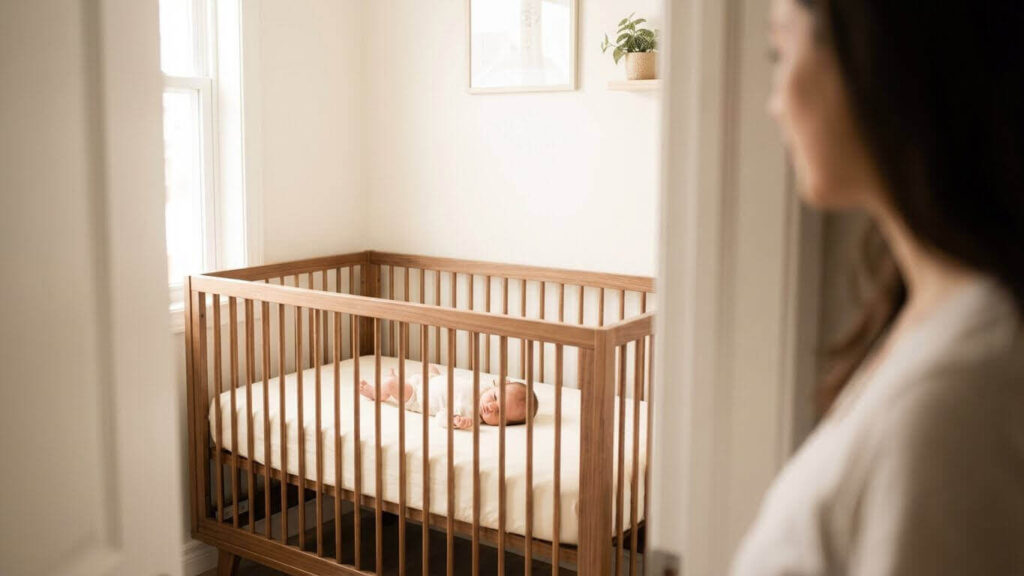 Parent watching a calm newborn awake on back in an empty safe crib.