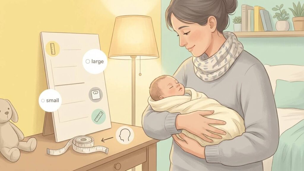 Caring parent holds a calm newborn in a softly lit nursery, glancing at a simple growth chart on the table; a flexible measuring tape suggests head circumference while friendly icons (height ruler, scale, head outline) indicate tracking with height and weight; clean, pastel scene with open space for title overlay.