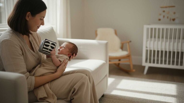 Newborn calmly focusing on a black and white high contrast toy during a quiet wake window