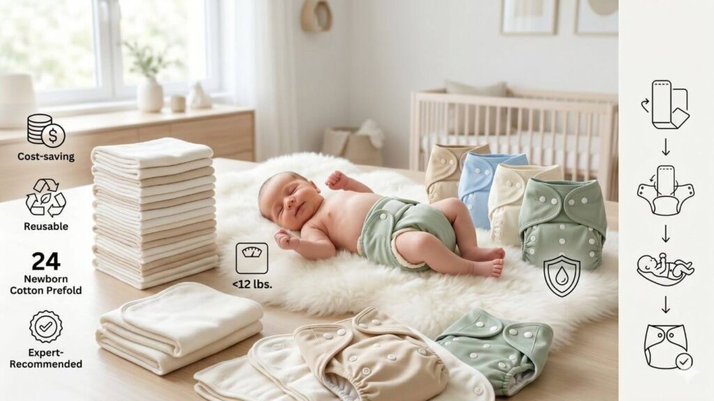 Newborn baby wearing a cloth diaper cover with folded cotton prefolds and waterproof covers displayed nearby, illustrating the best cloth diaper system for newborns.