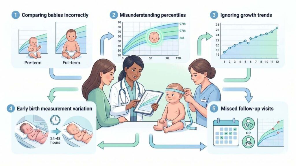 Pediatrician reviewing a baby's head circumference growth chart with parents, illustrating common mistakes in interpreting newborn head measurements and the importance of follow-up visits.