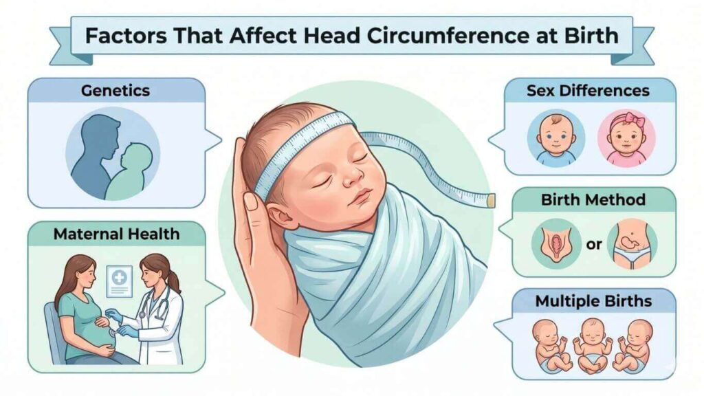 Professional pediatric infographic showing a healthy newborn with a measuring tape around the head, surrounded by icons for genetics, sex differences, birth method, multiple births, and maternal health factors affecting head circumference at birth.