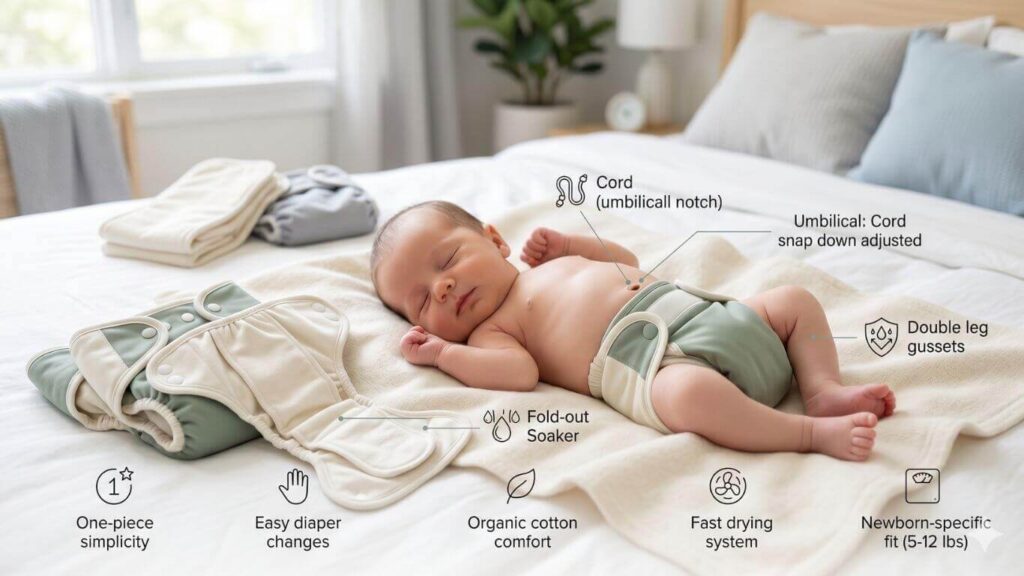 Newborn baby wearing an all-in-one cloth diaper with organic cotton lining, fold-out soaker, and newborn-friendly fit, illustrating the features of a premium newborn AIO cloth diaper.