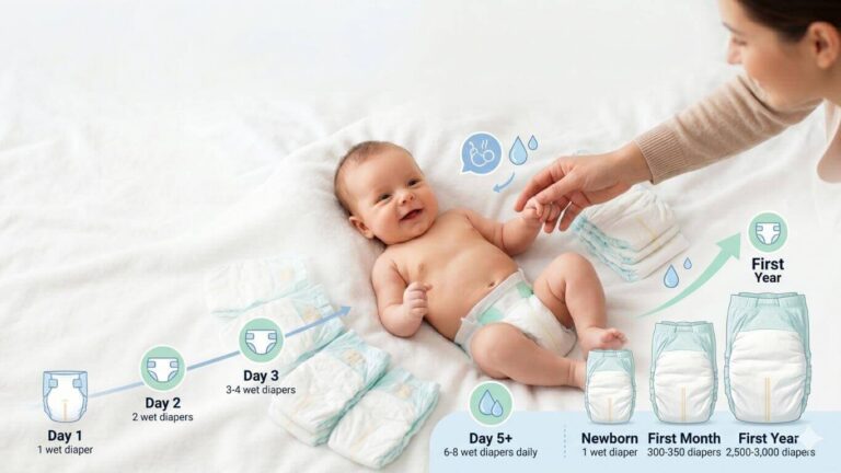 Newborn baby surrounded by diapers with infographic showing daily wet diaper counts, first-month diaper usage, and first-year diaper milestones.