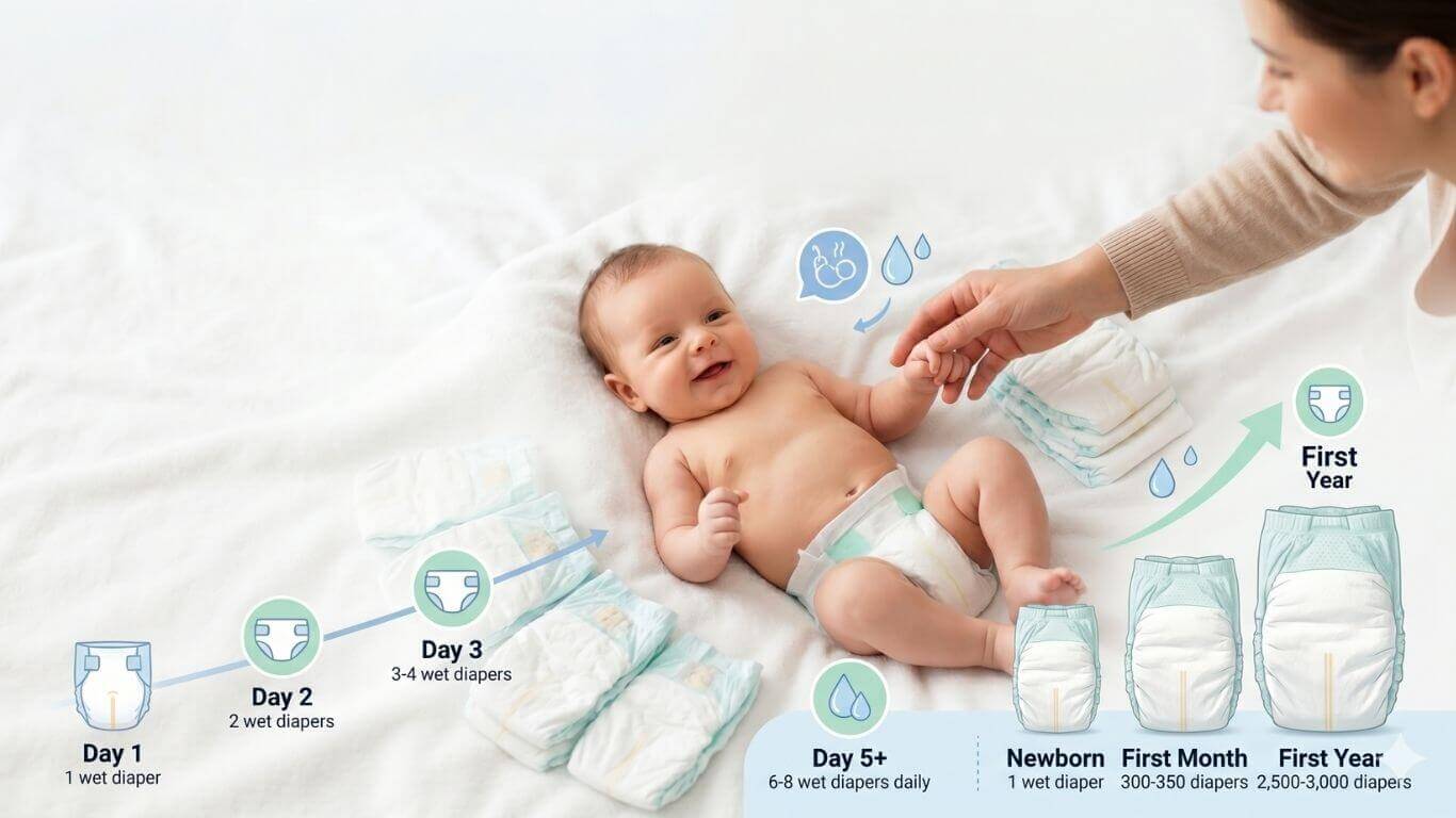 Newborn baby surrounded by diapers with infographic showing daily wet diaper counts, first-month diaper usage, and first-year diaper milestones.