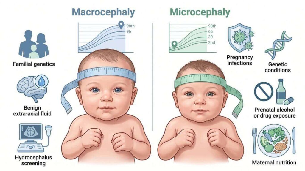 Pediatric infographic comparing macrocephaly and microcephaly in newborn babies, showing head circumference measurement and common causes including genetics, prenatal infections, hydrocephalus, and maternal health factors.