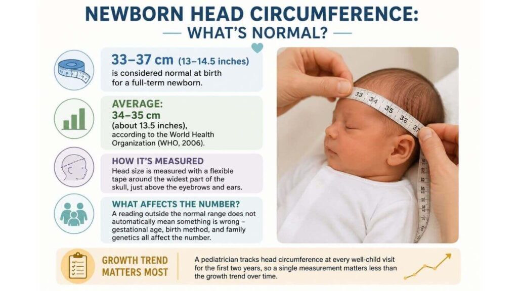 Medical infographic explaining normal newborn head circumference measurements and growth tracking guidelines.