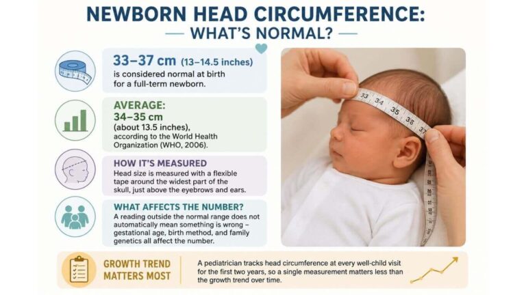 Medical infographic explaining normal newborn head circumference measurements and growth tracking guidelines.