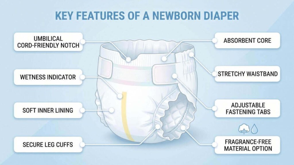 Pampers Swaddlers newborn diaper with umbilical cord notch and wetness indicator