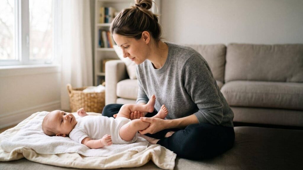 Parent gently massaging a newborn baby's legs with a small amount of massage oil