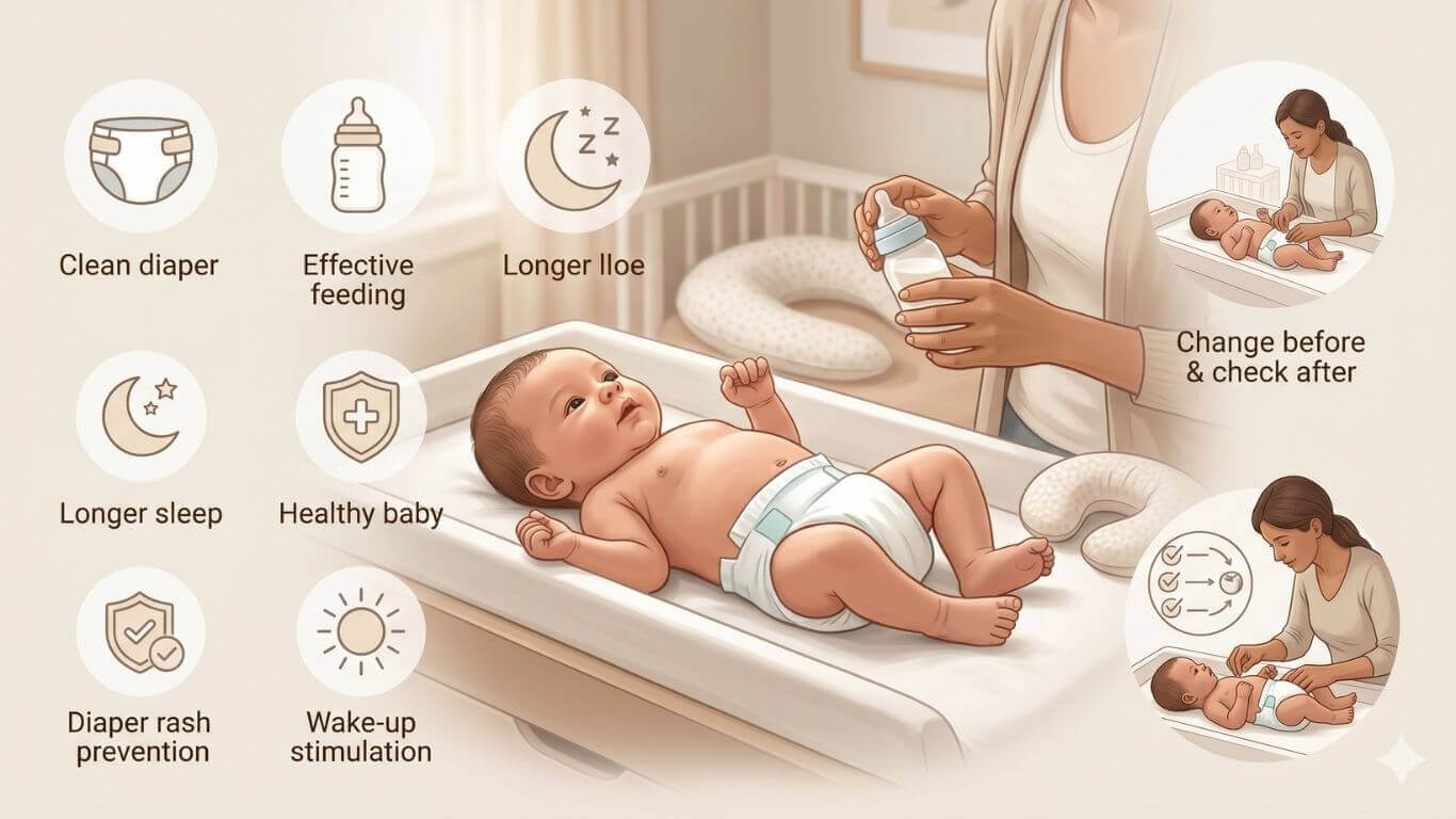 Parent changing a newborn's diaper before feeding in a nursery, demonstrating the recommended diaper-change routine to promote better feeding, longer sleep, and diaper rash prevention.