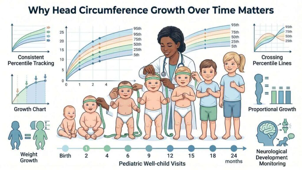 Pediatrician measuring a baby's head circumference during routine well-child visits while tracking growth on a percentile chart from birth to 24 months.