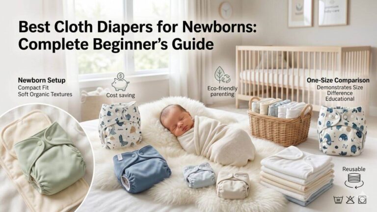 Newborn baby with prefold cloth diapers, newborn covers, and all-in-one cloth diapers, demonstrating the best cloth diaper options for newborns and their proper fit.