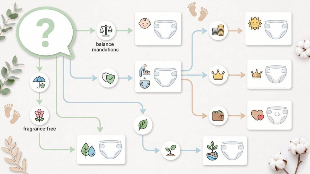 Newborn diaper selection flowchart showing diaper options based on family priorities