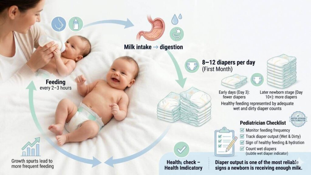 Newborn baby with diapers illustrating feeding frequency and healthy diaper output.