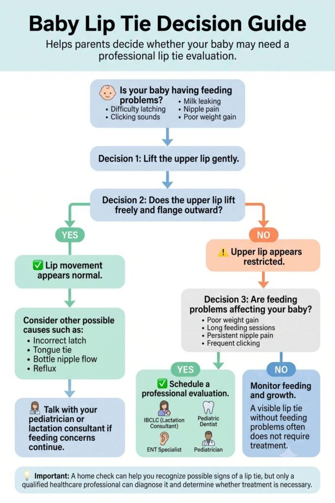Decision flowchart showing how parents can determine whether a baby's feeding difficulties may require a professional lip tie evaluation.