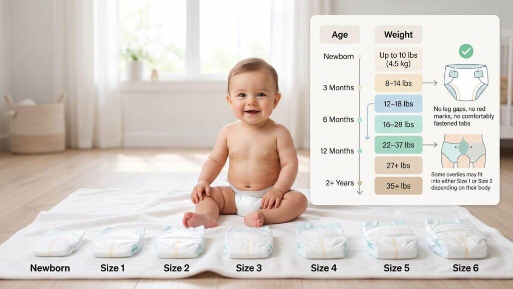 Diaper size chart by age showing newborn to Size 6 diaper progression based on baby weight and typical age.