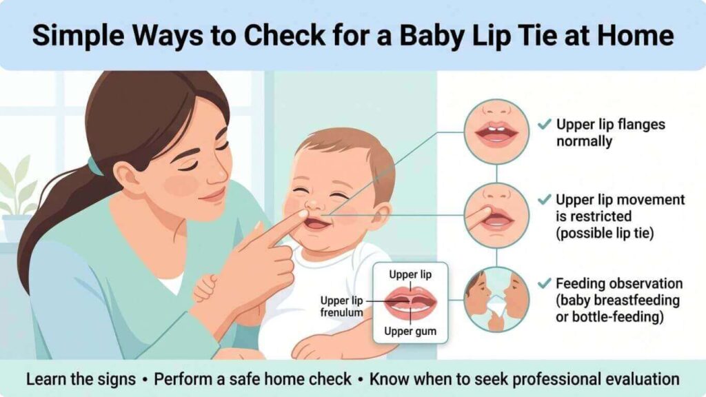 Parent gently performing a baby lip lift test to check for signs of an upper lip tie at home.