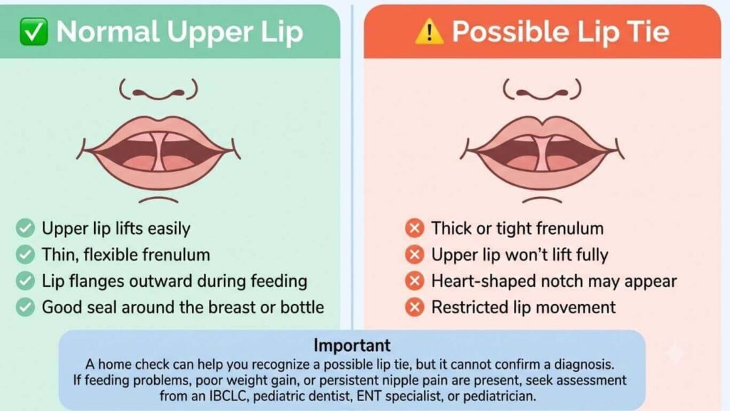 Comparison infographic showing a normal baby's upper lip versus a possible lip tie, highlighting differences in frenulum thickness, lip movement, and feeding latch.