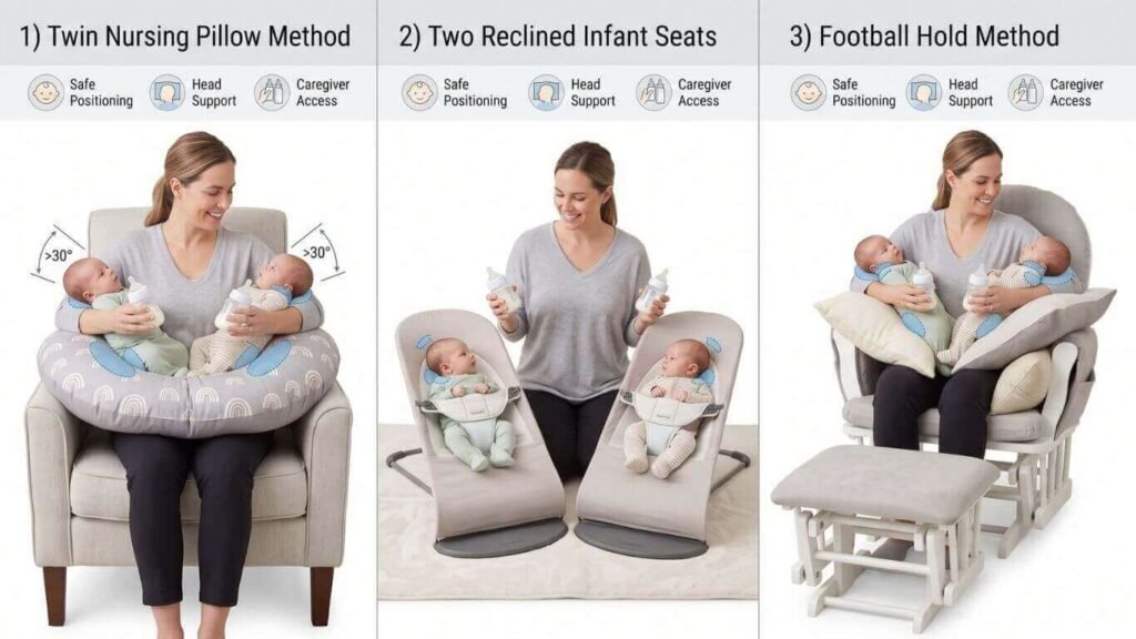 Three bottle feeding positions for twins compared