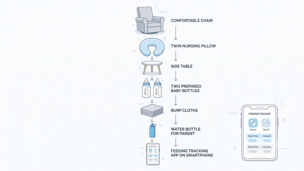 Illustration of a complete twin bottle feeding station with a chair, twin pillow, bottles, burp cloths, and feeding essentials.