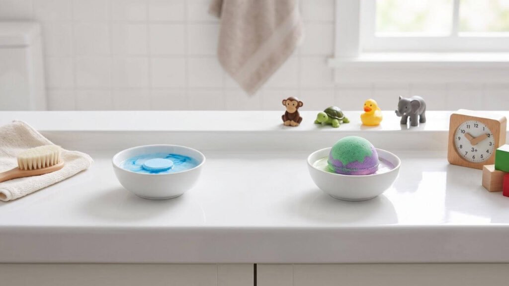 Bath color tablet and small collectible toys showing different safety considerations for children