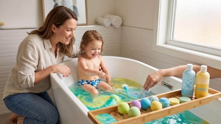 Best bath bombs for kids with a child enjoying colorful bath fizzies