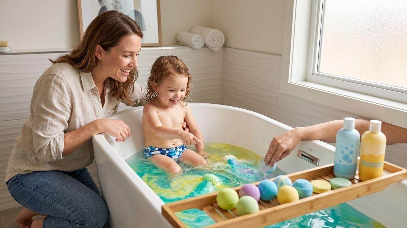 Best bath bombs for kids with a child enjoying colorful bath fizzies